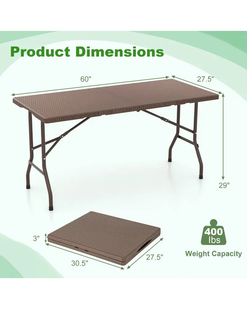 5FT Folding Picnic Table with Rattan Grain HDPE Tabletop and Sturdy Metal Fame-Coffee - Coffee - Picnic Tables
