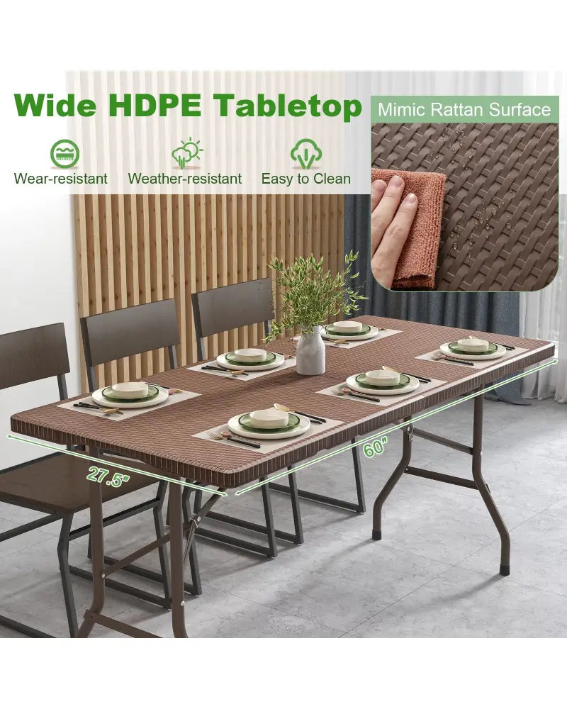 5FT Folding Picnic Table with Rattan Grain HDPE Tabletop and Sturdy Metal Fame-Coffee - Coffee - Picnic Tables