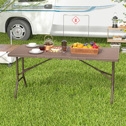 5FT Folding Picnic Table with Rattan Grain HDPE Tabletop and Sturdy Metal Fame-Coffee - Coffee - Picnic Tables