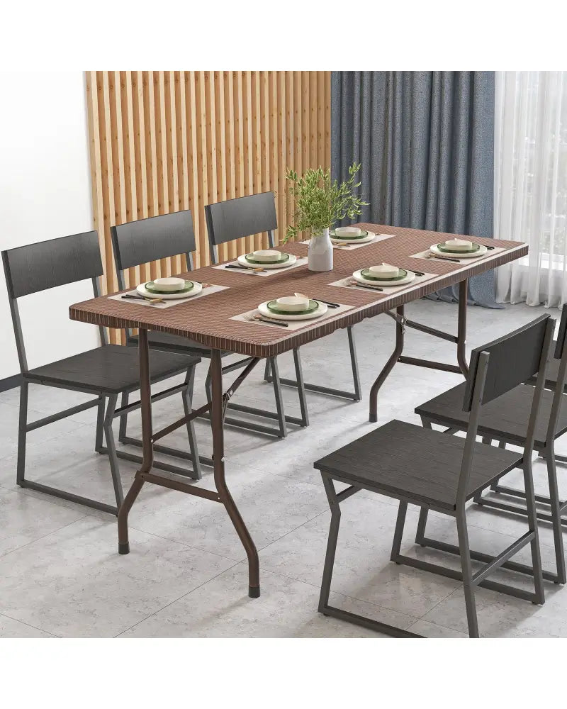 5FT Folding Picnic Table with Rattan Grain HDPE Tabletop and Sturdy Metal Fame-Coffee - Coffee - Picnic Tables