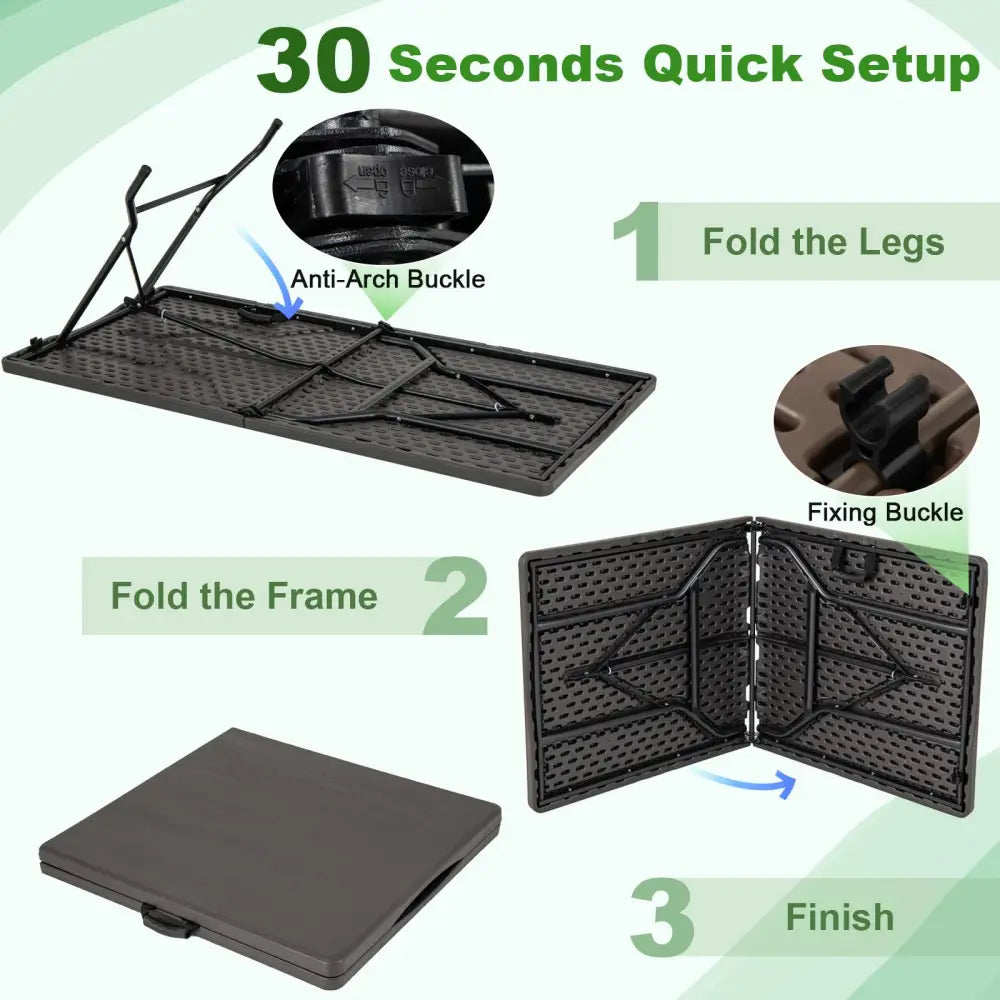 5FT Folding Picnic Table with Wood Grain HDPE Tabletop and Non-slip Foot Pads-Black - Black - Picnic Tables