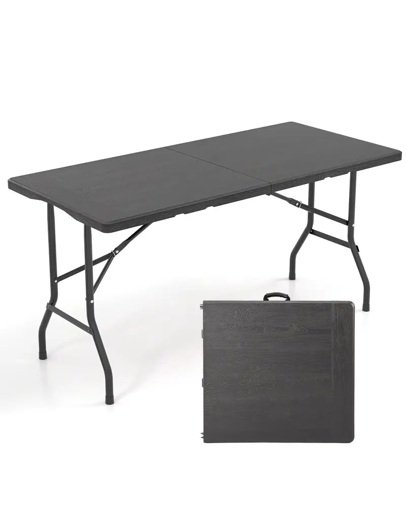 5FT Folding Picnic Table with Wood Grain HDPE Tabletop and Non-slip Foot Pads-Black - Black - Picnic Tables