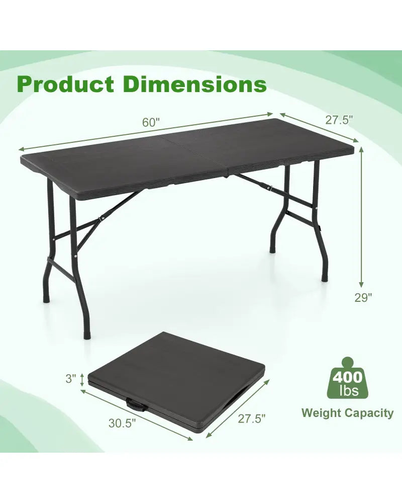 5FT Folding Picnic Table with Wood Grain HDPE Tabletop and Non-slip Foot Pads-Black - Black - Picnic Tables