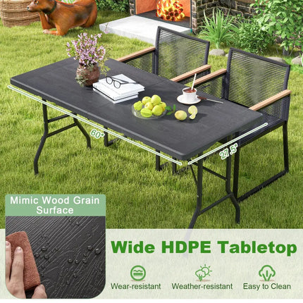 5FT Folding Picnic Table with Wood Grain HDPE Tabletop and Non-slip Foot Pads-Black - Black - Picnic Tables