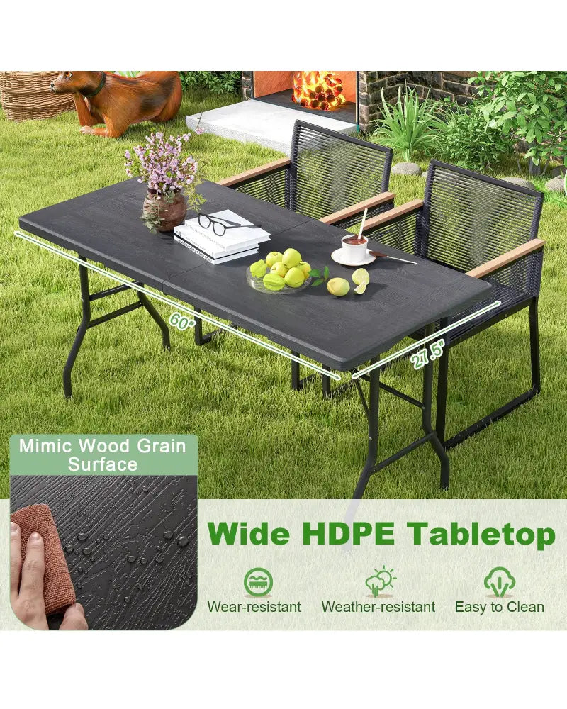 5FT Folding Picnic Table with Wood Grain HDPE Tabletop and Non-slip Foot Pads-Black - Black - Picnic Tables