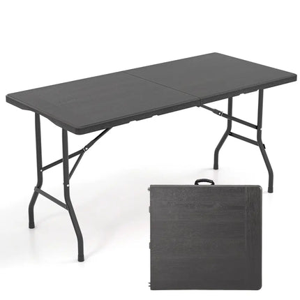 5FT Folding Picnic Table with Wood Grain HDPE Tabletop and Non-slip Foot Pads-Black - Black - Picnic Tables