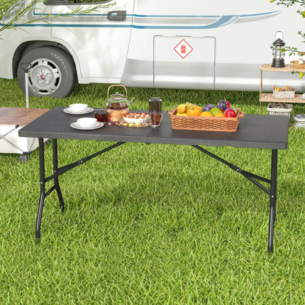 5FT Folding Picnic Table with Wood Grain HDPE Tabletop and Non-slip Foot Pads-Black - Black - Picnic Tables