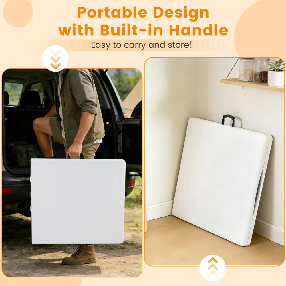 5FT Folding Picnic Table with Wood Grain HDPE Tabletop and Non-slip Foot Pads-White - White - Picnic Tables