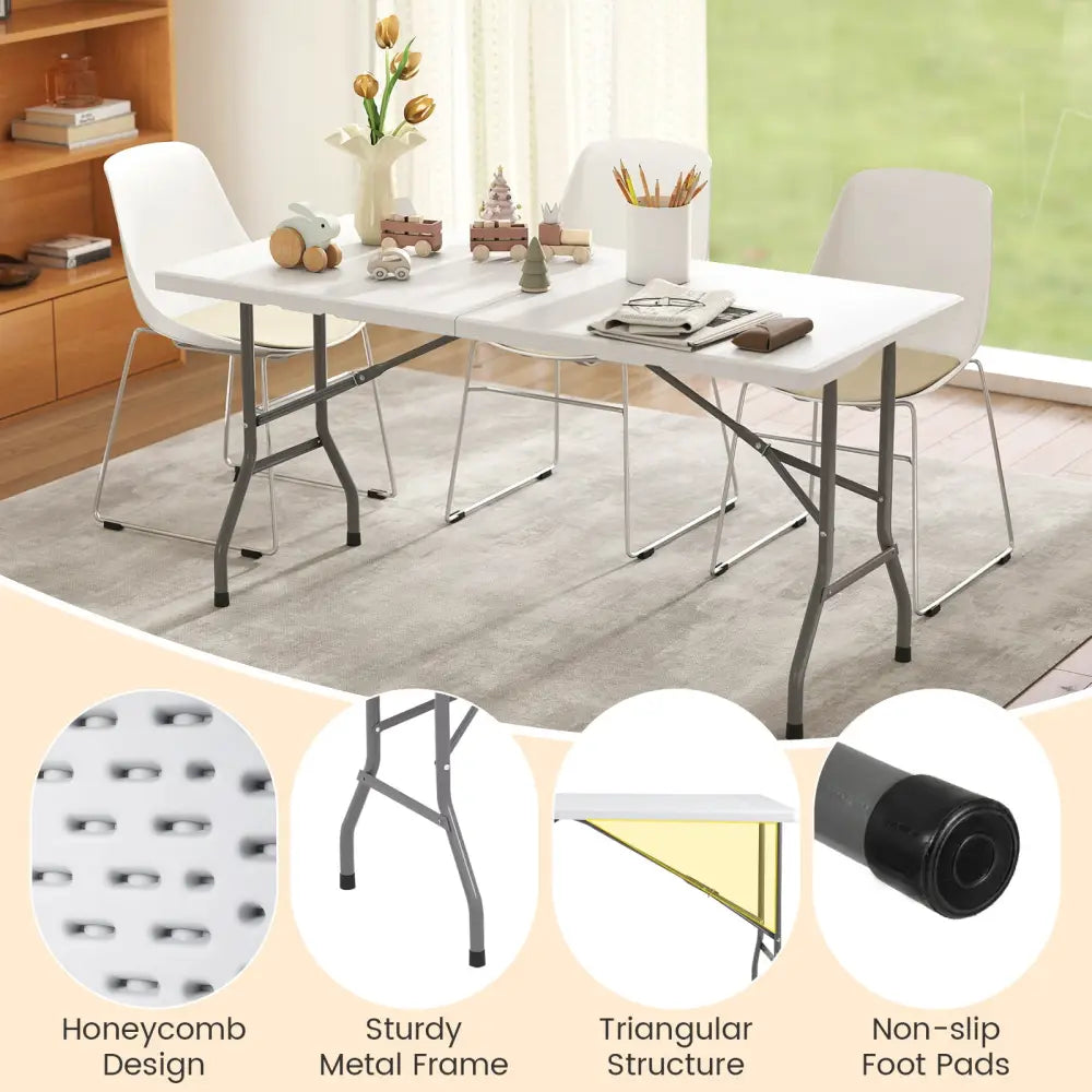 5FT Folding Picnic Table with Wood Grain HDPE Tabletop and Non-slip Foot Pads-White - White - Picnic Tables