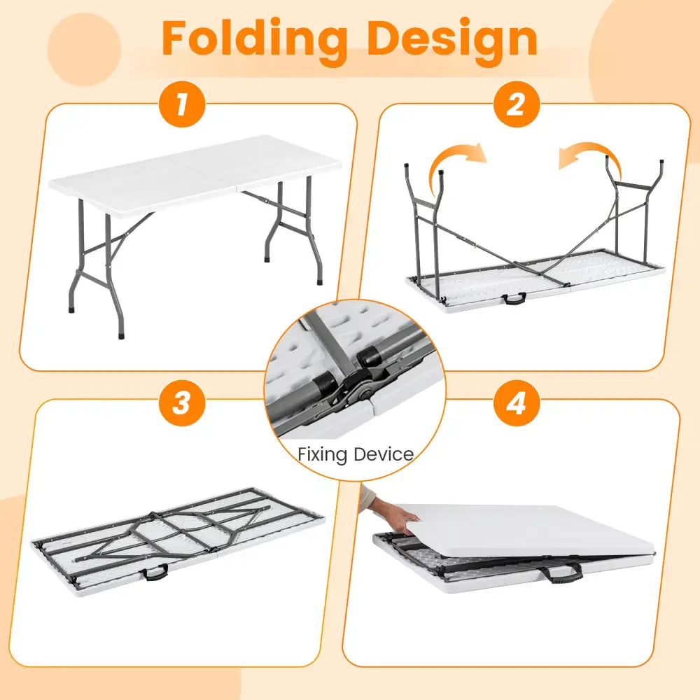 5FT Folding Picnic Table with Wood Grain HDPE Tabletop and Non-slip Foot Pads-White - White - Picnic Tables