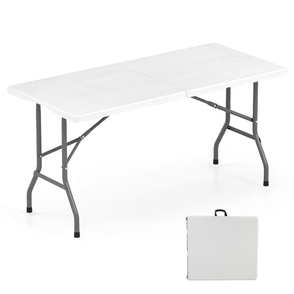 5FT Folding Picnic Table with Wood Grain HDPE Tabletop and Non-slip Foot Pads-White - White - Picnic Tables