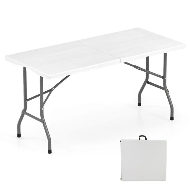 5FT Folding Picnic Table with Wood Grain HDPE Tabletop and Non-slip Foot Pads-White - White - Picnic Tables