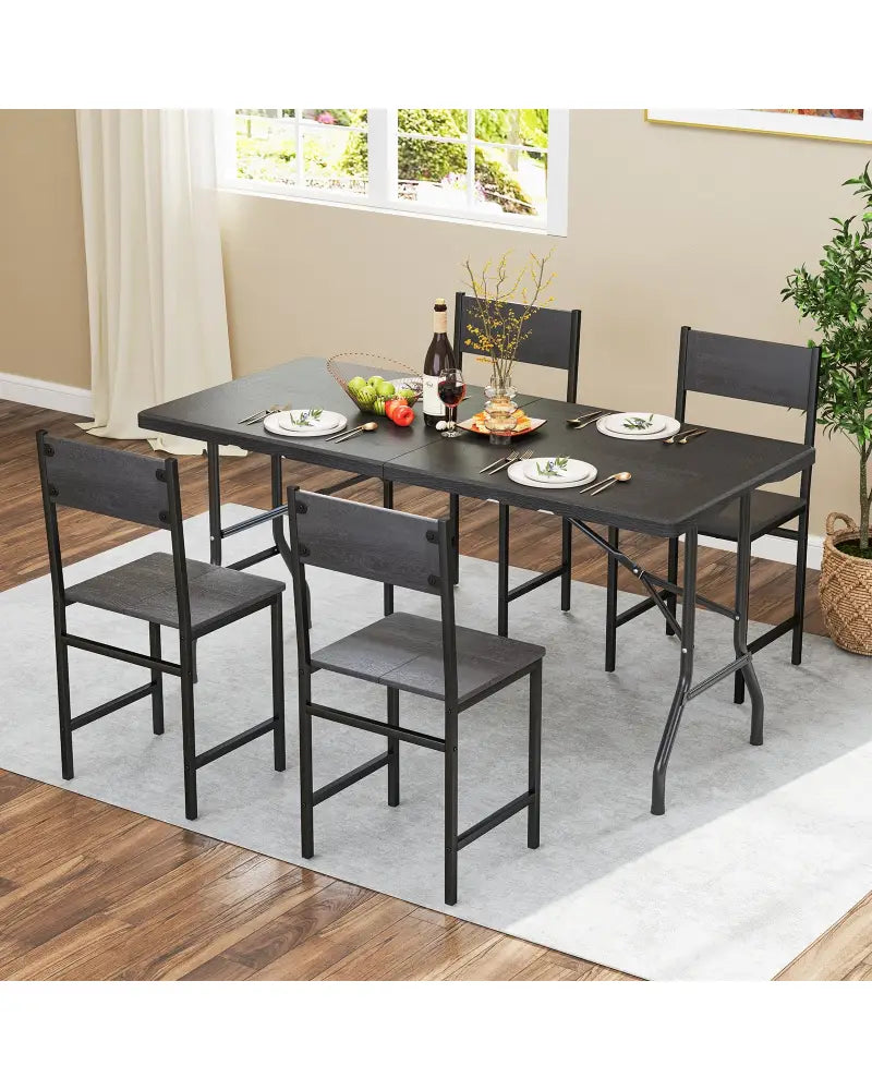 5FT Folding Picnic Table with Wood Grain HDPE Tabletop and Non-slip Foot Pads-Black - Black - Picnic Tables