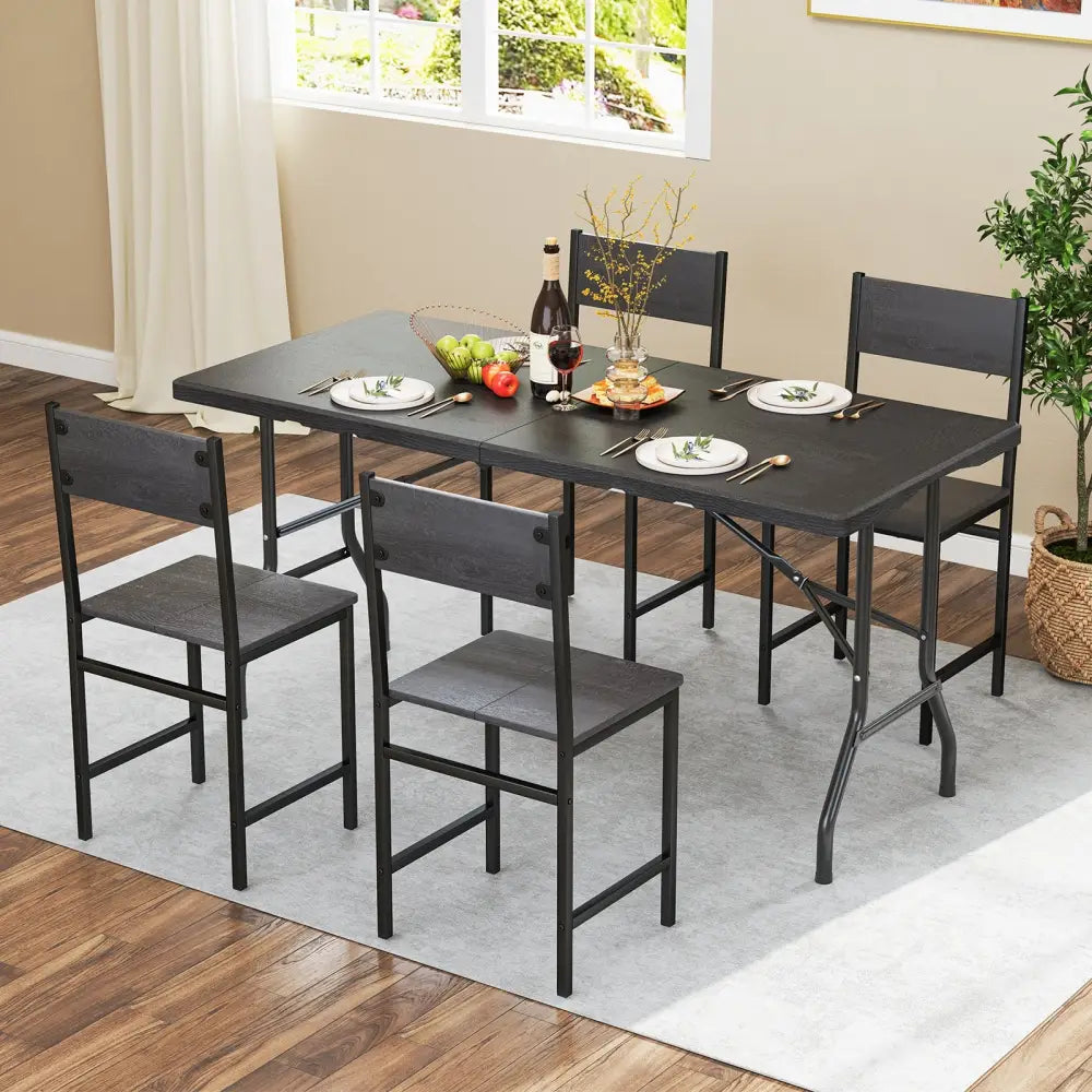 5FT Folding Picnic Table with Wood Grain HDPE Tabletop and Non-slip Foot Pads-Black - Black - Picnic Tables