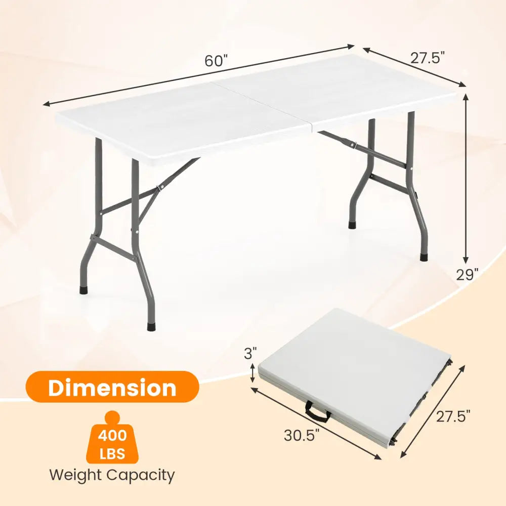 5FT Folding Picnic Table with Wood Grain HDPE Tabletop and Non-slip Foot Pads-White - White - Picnic Tables