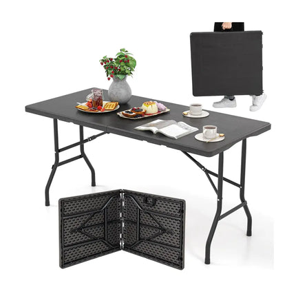 5FT Folding Picnic Table with Wood Grain HDPE Tabletop and Non-slip Foot Pads-Black - Black - Picnic Tables