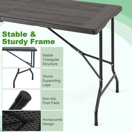 5FT Folding Picnic Table with Wood Grain HDPE Tabletop and Non-slip Foot Pads-Black - Black - Picnic Tables