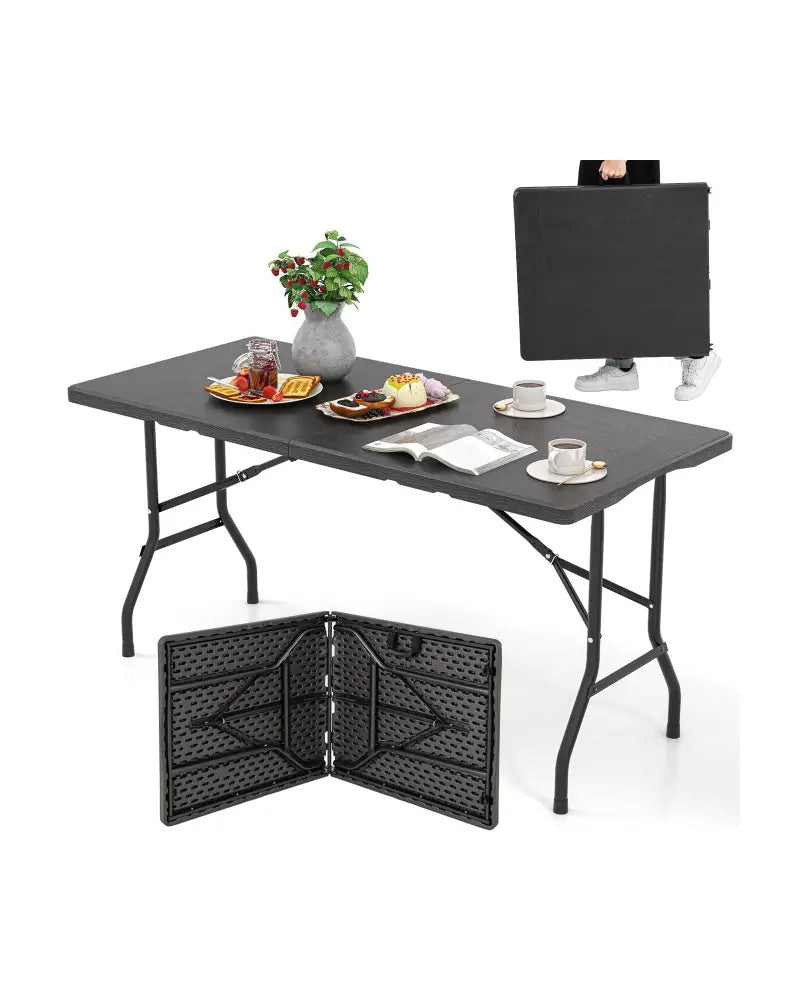 5FT Folding Picnic Table with Wood Grain HDPE Tabletop and Non-slip Foot Pads-Black - Black - Picnic Tables