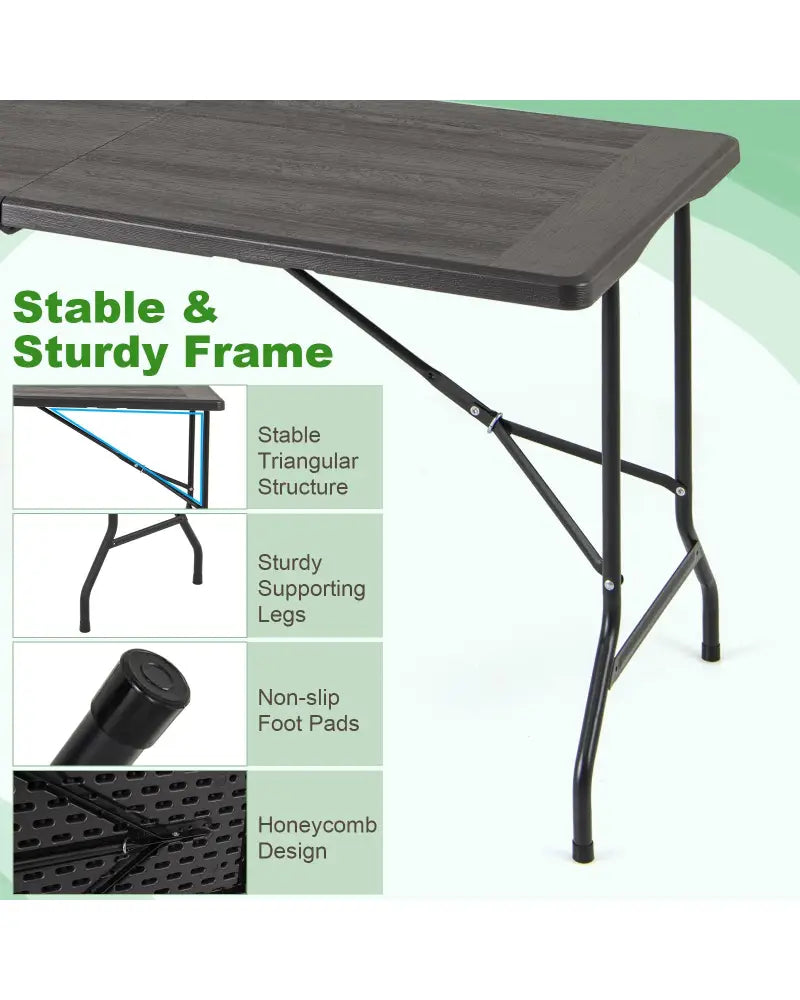 5FT Folding Picnic Table with Wood Grain HDPE Tabletop and Non-slip Foot Pads-Black - Black - Picnic Tables