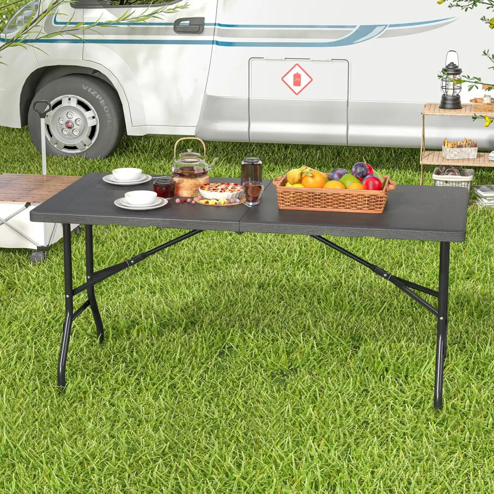 5FT Folding Picnic Table with Wood Grain HDPE Tabletop and Non-slip Foot Pads-Black - Black - Picnic Tables