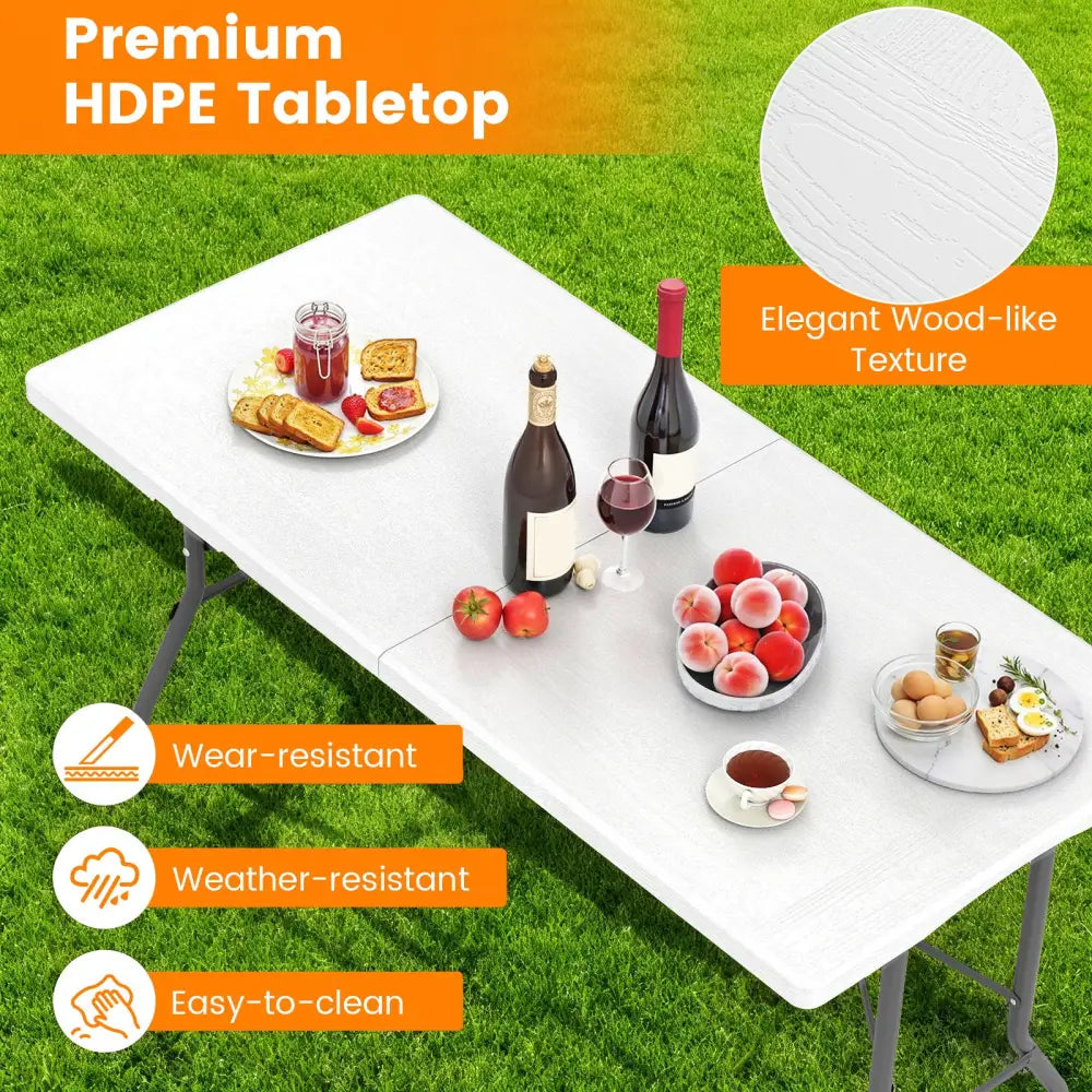 5FT Folding Picnic Table with Wood Grain HDPE Tabletop and Non-slip Foot Pads-White - White - Picnic Tables
