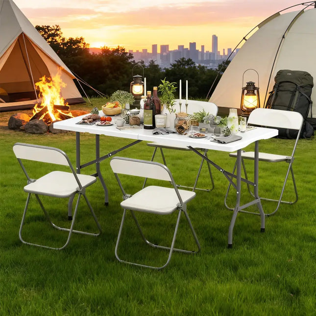 5FT Folding Picnic Table with Wood Grain HDPE Tabletop and Non-slip Foot Pads-White - White - Picnic Tables