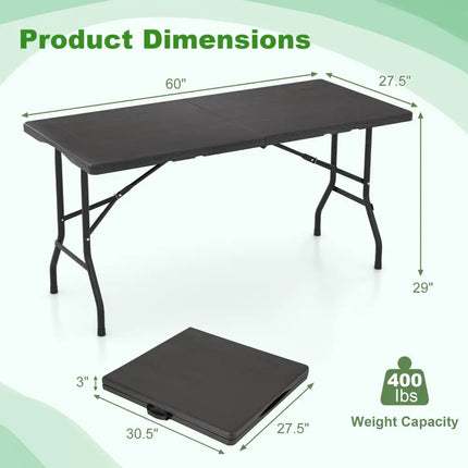 5FT Folding Picnic Table with Wood Grain HDPE Tabletop and Non-slip Foot Pads-Black - Black - Picnic Tables