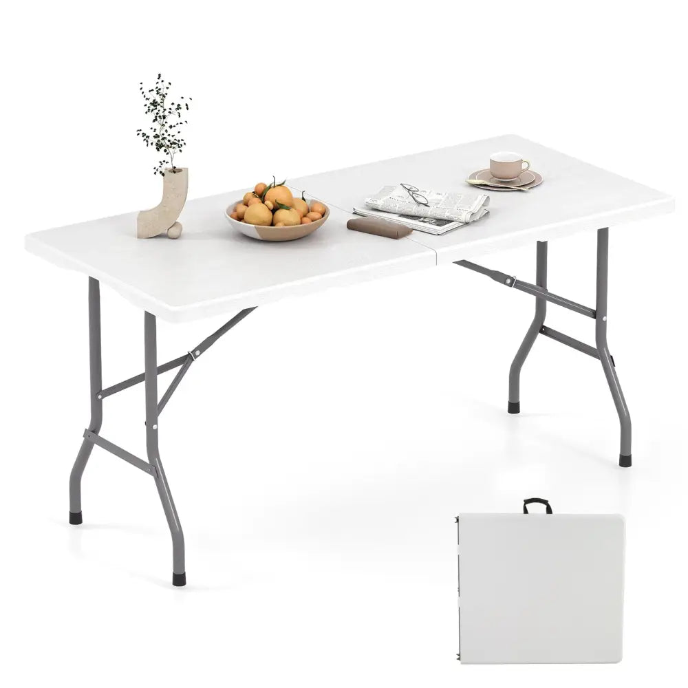 5FT Folding Picnic Table with Wood Grain HDPE Tabletop and Non-slip Foot Pads-White - White - Picnic Tables