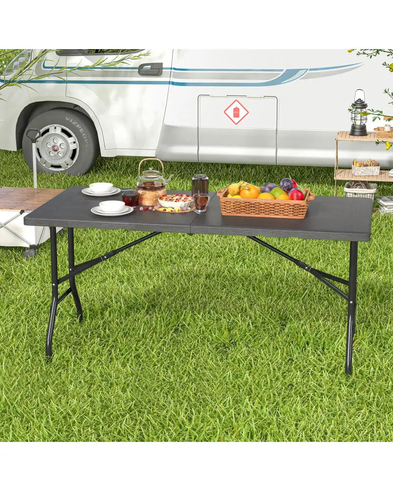 5FT Folding Picnic Table with Wood Grain HDPE Tabletop and Non-slip Foot Pads-Black - Black - Picnic Tables