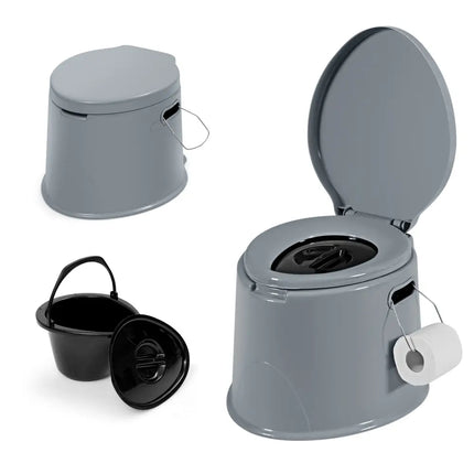 5L Portable Travel Toilet with Paper Holder for Outdoor - Gray - Outdoor