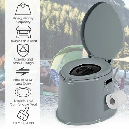 5L Portable Travel Toilet with Paper Holder for Outdoor - Gray - Outdoor