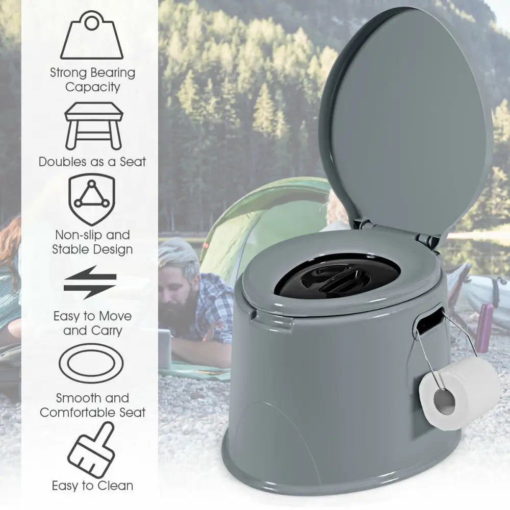 5L Portable Travel Toilet with Paper Holder for Outdoor - Gray - Outdoor