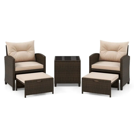 5PCS Outdoor Rattan Conversation Set Wicker Lounge Chairs with 2 Ottoman Stools and Glass Top Side Table-Beige - Beige