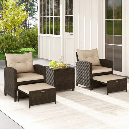 5PCS Outdoor Rattan Conversation Set Wicker Lounge Chairs with 2 Ottoman Stools and Glass Top Side Table-Beige - Beige