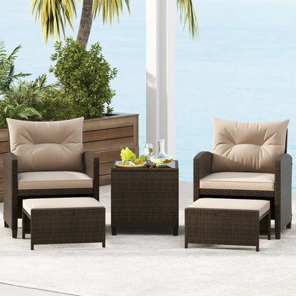 5PCS Outdoor Rattan Conversation Set Wicker Lounge Chairs with 2 Ottoman Stools and Glass Top Side Table-Beige - Beige