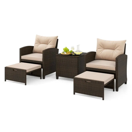 5PCS Outdoor Rattan Conversation Set Wicker Lounge Chairs with 2 Ottoman Stools and Glass Top Side Table-Beige - Beige