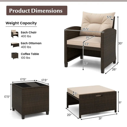 5PCS Outdoor Rattan Conversation Set Wicker Lounge Chairs with 2 Ottoman Stools and Glass Top Side Table-Beige - Beige