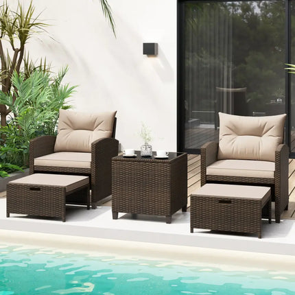 5PCS Outdoor Rattan Conversation Set Wicker Lounge Chairs with 2 Ottoman Stools and Glass Top Side Table-Beige - Beige