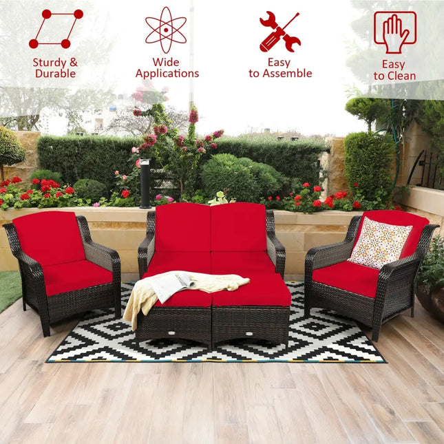 5PCS Patio Rattan Sofa Set with Cushion and Ottoman - Red - Outdoor Sectionals