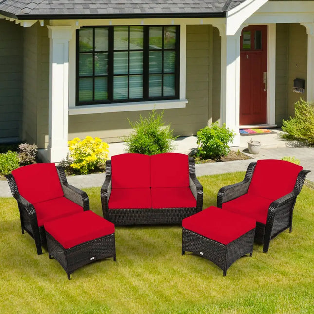 5PCS Patio Rattan Sofa Set with Cushion and Ottoman - Red - Outdoor Sectionals