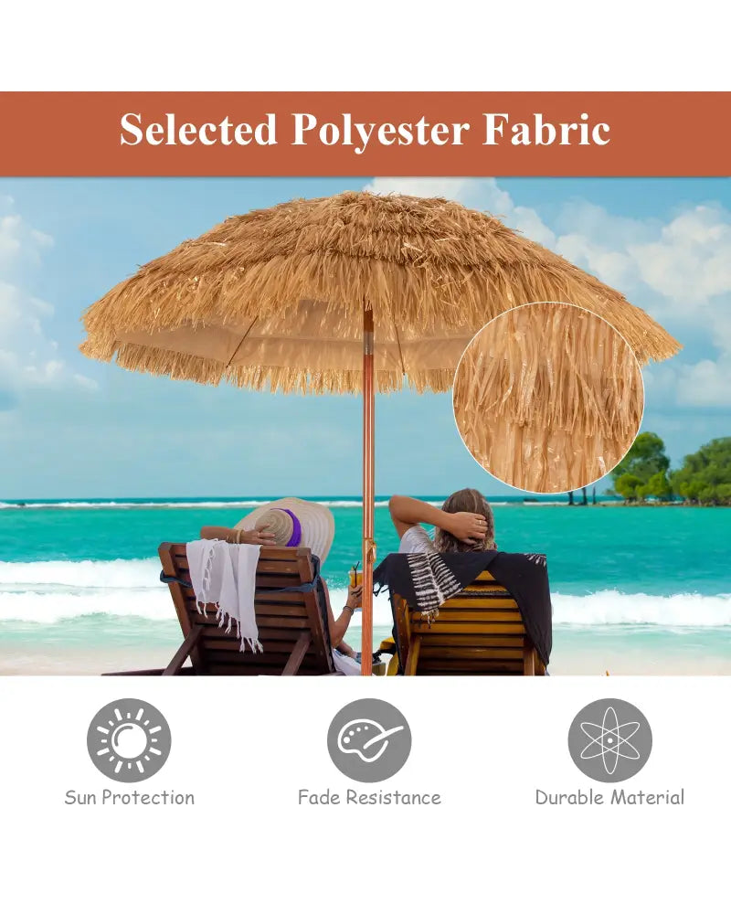 6.5 Feet Portable Thatched Tiki Beach Umbrella with Adjustable Tilt for Poolside and Backyard - Natural - Outdoor