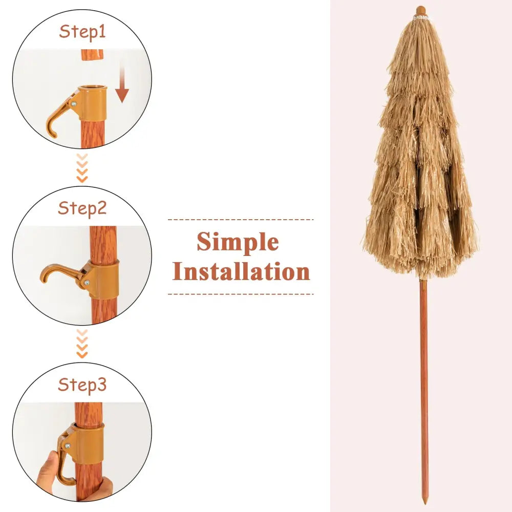 6.5 Feet Portable Thatched Tiki Beach Umbrella with Adjustable Tilt for Poolside and Backyard - Natural - Outdoor