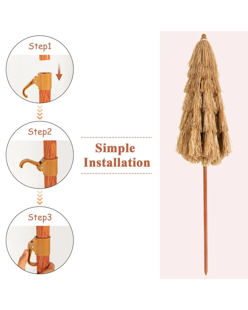 6.5 Feet Portable Thatched Tiki Beach Umbrella with Adjustable Tilt for Poolside and Backyard - Natural - Outdoor