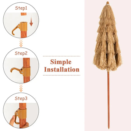 6.5 Feet Portable Thatched Tiki Beach Umbrella with Adjustable Tilt for Poolside and Backyard - Natural - Outdoor