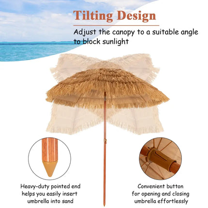 6.5 Feet Portable Thatched Tiki Beach Umbrella with Adjustable Tilt for Poolside and Backyard - Natural - Outdoor