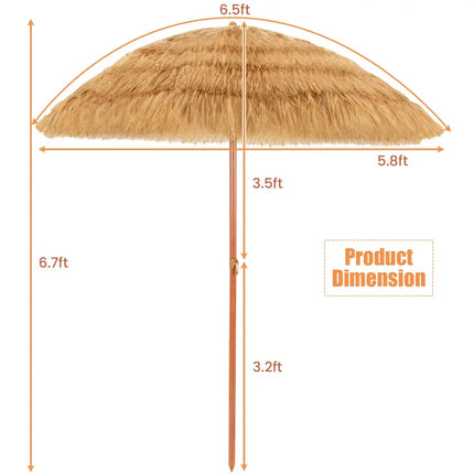 6.5 Feet Portable Thatched Tiki Beach Umbrella with Adjustable Tilt for Poolside and Backyard - Natural - Outdoor