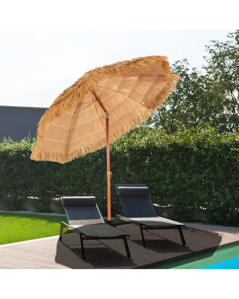 6.5 Feet Portable Thatched Tiki Beach Umbrella with Adjustable Tilt for Poolside and Backyard - Natural - Outdoor
