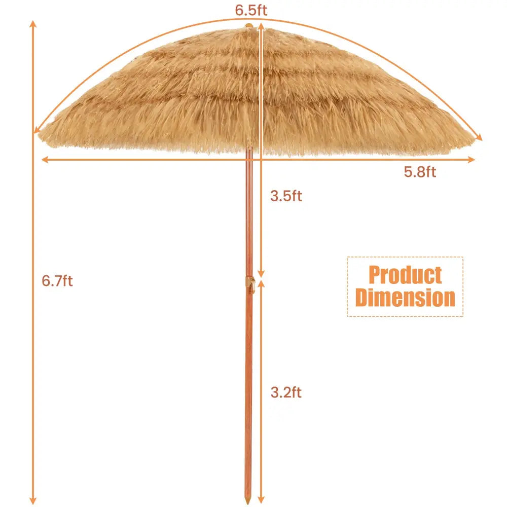 6.5 Feet Portable Thatched Tiki Beach Umbrella with Adjustable Tilt for Poolside and Backyard - Natural - Outdoor