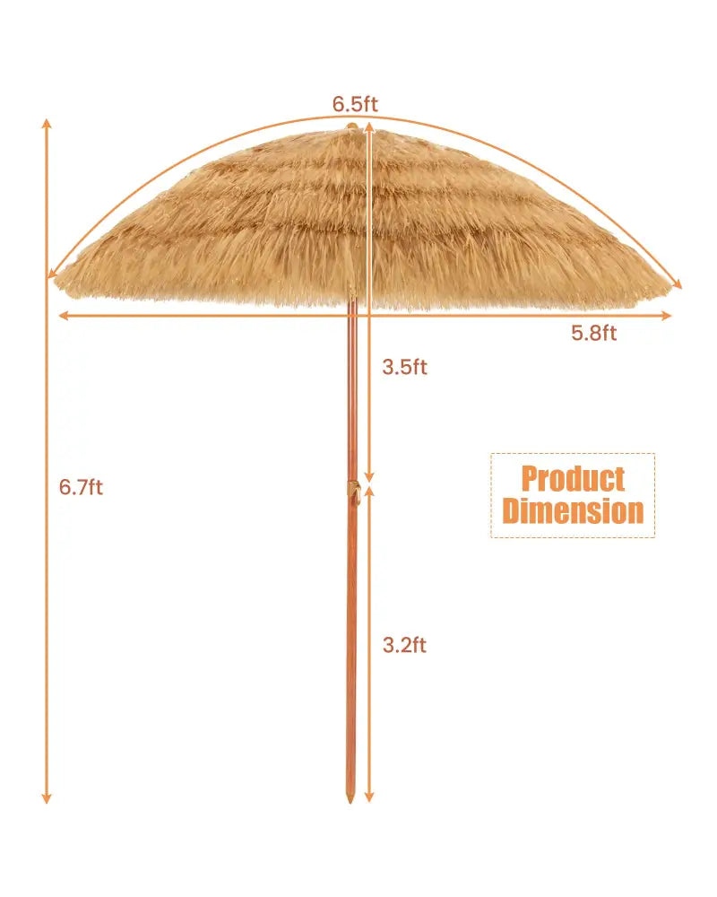 6.5 Feet Portable Thatched Tiki Beach Umbrella with Adjustable Tilt for Poolside and Backyard - Natural - Outdoor