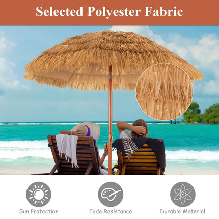 6.5 Feet Portable Thatched Tiki Beach Umbrella with Adjustable Tilt for Poolside and Backyard - Natural - Outdoor